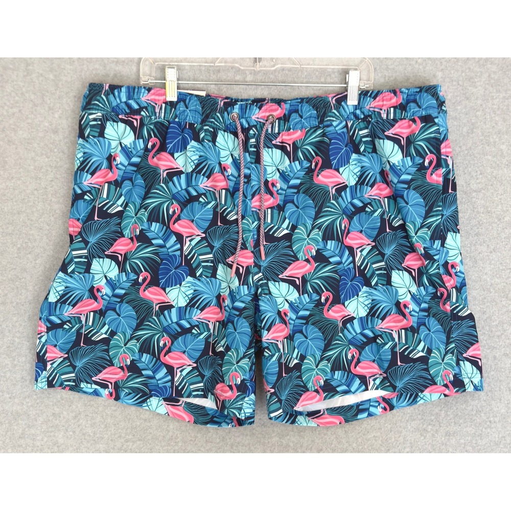 NEW! Member's Mark Swim Trunks Men XXL Blue Flamingo Tropical 4-Way Stretch